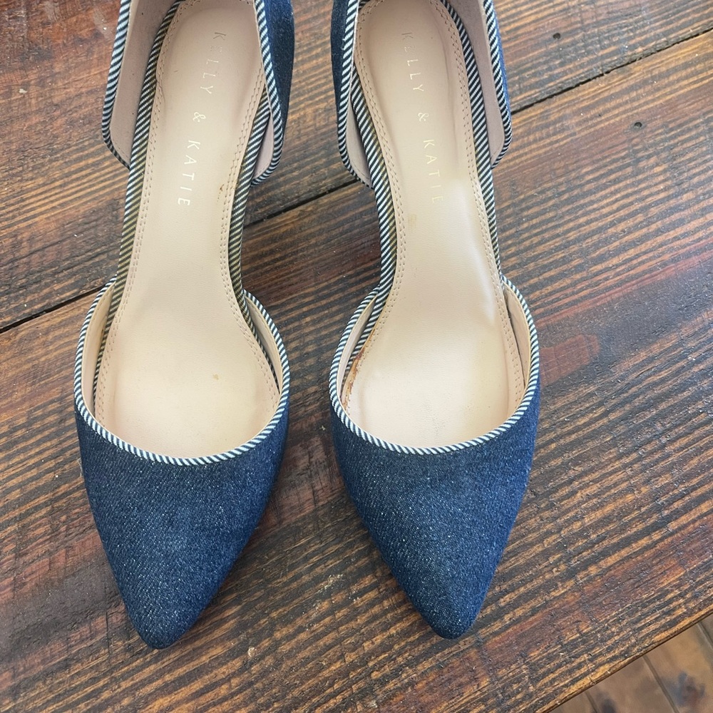 Kelly & Katie Navy Denim Pointed Toe D'Orsay Heels with Striped Trim
